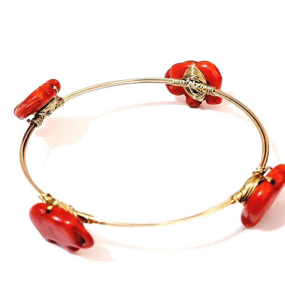 Vintage Red Stone Bangle Bracelet Elephant Gold-tone Wired Animal bn-2